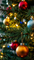 Close up detailed view of festive christmas tree with glowing lights