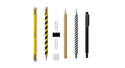Yellow, striped, black pencils, fineliner pen, white paperclip, neatly arranged on clean transparent background with bright studio lighting. Concept of professional stationery and minimalist elegance.