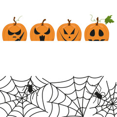 Vector banner for text with pumpkins, web and spiders for Halloween. Spooky illustration for invitation cards.
