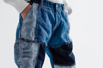 Venom team contrast panel denim pants with unique cut and sew sections