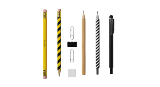 Yellow, striped, black pencils, fineliner pen, white paperclip, neatly arranged on clean transparent background with bright studio lighting. Concept of professional stationery and minimalist elegance.