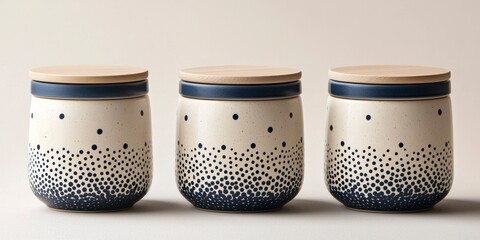 Ceramic canister trio with polka dots on neutral background  