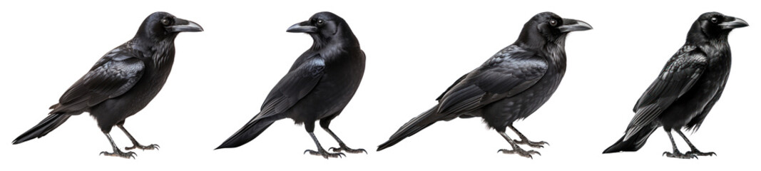 PNG Four realistic black crows aligned, element set on transparent background