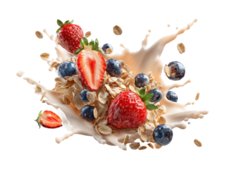Falling oat flakes with blueberry and strawberry slices, oatmeal with milk splash isolated on a white background