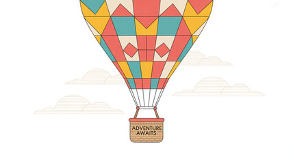 Hot air balloon adventure awaits illustration with clouds and geometric patterns for travel designs