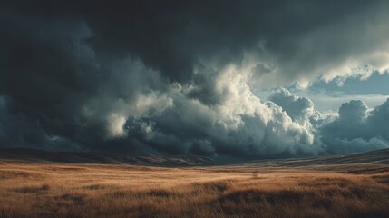 Fototapeta premium Dramatic Storm Clouds Over Golden Plains - A Breathtaking Landscape.