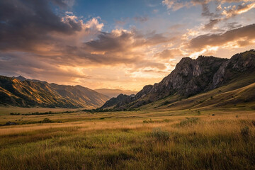 Obraz premium Majestic mountain landscape at sunset with golden light and dramatic cloudscape