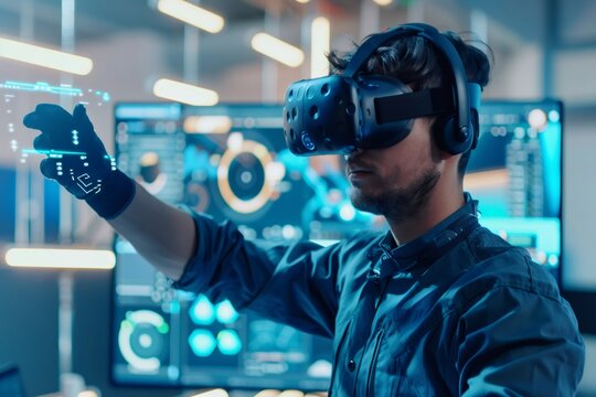 Software engineer wearing virtual reality headset and gloves is working with holographic interface - Powered by Adobe
