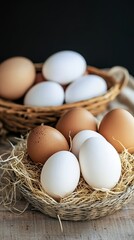 Fresh farm eggs in wooden bowl with straw. Rustic still life, natural poultry products, country kitchen