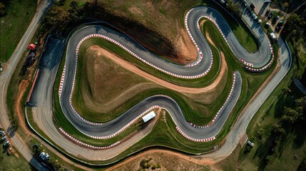 Dynamic Aerial View of Winding Motorsport Race Track with Sharp Curves and Iconic Red and White Curbs