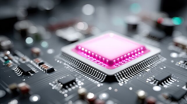Computer Chip on Motherboard Macro with Pink Glow and Electronic Circuits
