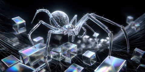 Illuminated Spiderweb Typography: Surreal Macro with Liquid Silver and Geometric Frames on Black Velvet Background