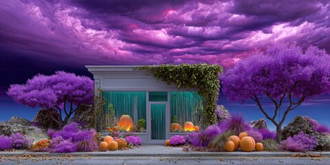 Seasons of Halloween: Photorealistic Street Scene with Varied Harvest & Whimsical Displays