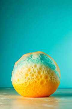 Naklejki Vibrant abstract macro photograph of a textured spherical object with a gradient of bright yellow to turquoise blue hues against a teal background