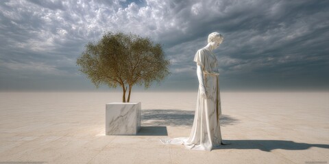Serenity in Solitude - Surreal Fine Art Composition with Marble Statue and Solitary Tree in Minimalist Landscape under Overcast Sky
