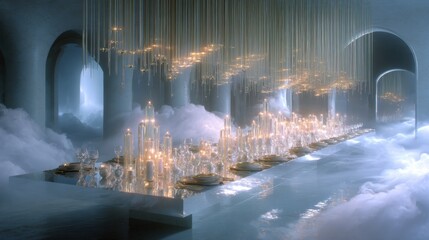 Enchanting Midnight Banquet: Ethereal Floating Table in Mist with Candlelit Tableware and Dreamy Atmosphere