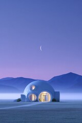 Serene Isolated Dome House Glowing in Polar Desert with Mountain Silhouettes - Architectural Fine Art Photo