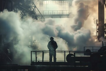 Industrial worker supervising manufacturing process in smoky factory