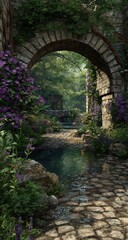 Obraz premium Stone archway leads to a lush, flowing garden path