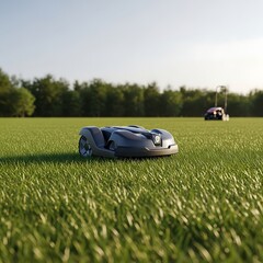 Robotic Lawn Mowers Cutting Grass on Green Field.