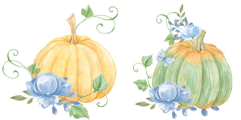 Watercolor pumpkin with flowers. Autumn decor. Cozy autumn. Thanksgiving, Halloween, holidays. October, November. Texture. Flowers and birds.