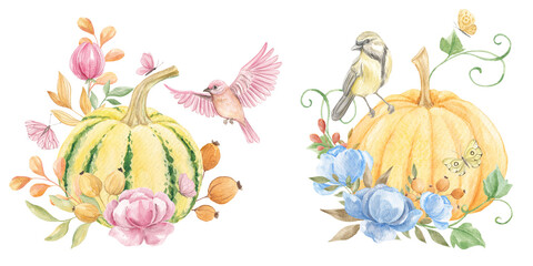 Watercolor pumpkin with flowers. Autumn decor. Cozy autumn. Thanksgiving, Halloween, holidays. October, November. Texture. Flowers and birds.