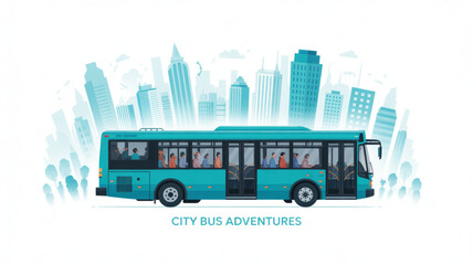City bus transportation public transit with passengers urban skyline vector illustration design concept