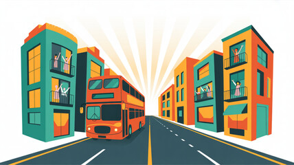 Illustration of double decker bus driving through city street with buildings and people waving from balconies