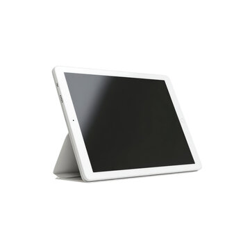 White Tablet Computer in Protective Case, Angled View, Blank Screen