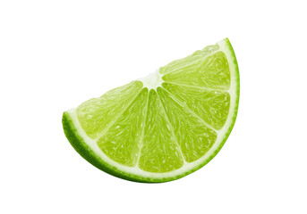 A single, pristine, vibrant green, freshly cut lime slice showing juicy pulp and thin rind, with moisture glisten, isolated on a seamless transparent background. Concept for food and beverage