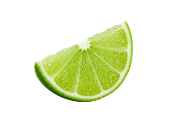 A single, pristine, vibrant green, freshly cut lime slice showing juicy pulp and thin rind, with moisture glisten, isolated on a seamless transparent background. Concept for food and beverage
