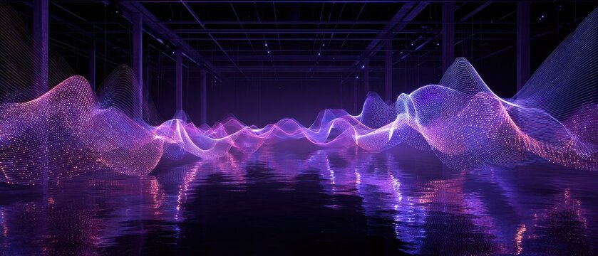 Ethereal Purple Waves Flowing Through Dark Futuristic Architecture.