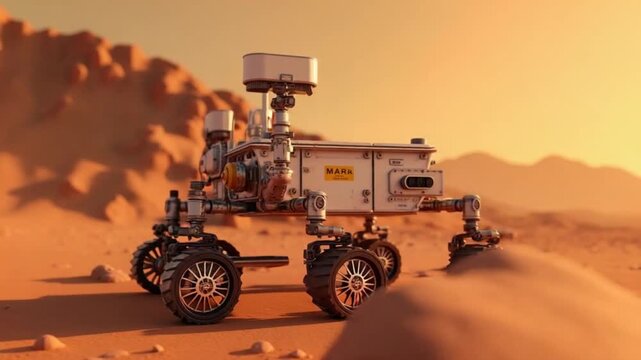 3d rendering animation. Mars rover deploys its equipment against the backdrop of a true Martian landscape. Mission To Mars. Colony on Mars.