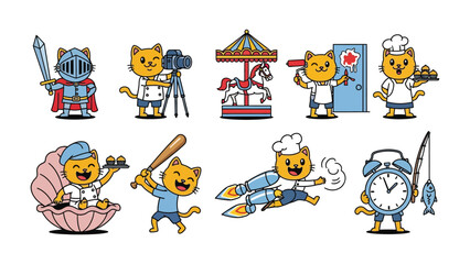 Cartoon Character Collection: A playful ensemble of cartoon cat characters, each embodying a different profession, displayed in a visually appealing illustration style.