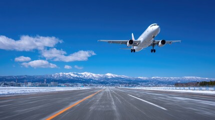 Commercial Airplane Taking off on Snowy Runway Under Blue Sky with Distant Mountain Range in Winter Landscape