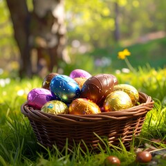 Colorful chocolate eggs in a basket outdoors