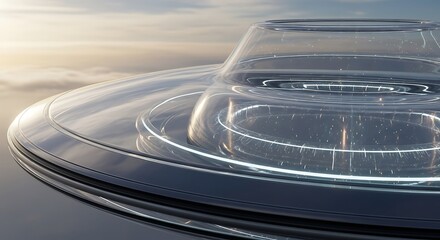 Futuristic Transparent Circular Object Reflected in Sunset Sky