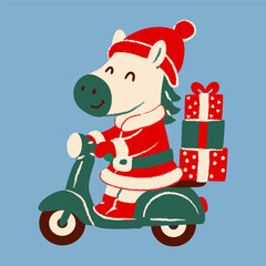 Cartoon Pony Santa with Christmas Gifts on a Scooter