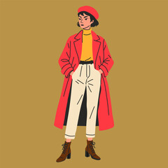 Fashionable Woman in Fall Outfit with Beret and Boots