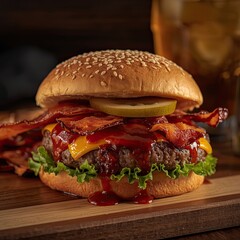 cheeseburger on the table covered in sauce