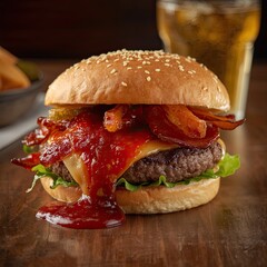 cheeseburger on the table covered in sauce