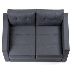 A simple, modern, dark gray sectional sofa, presented from a high-angle, neutral background view, displays clean lines and tufted seating.