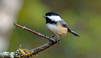 Naklejka premium A charming chickadee perches gracefully on a branch, showcasing its striking black and white plumage against a blurred background of vibrant greens and browns.