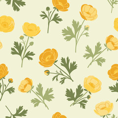 Yellow Buttercup Flowers Seamless Pattern on Soft Cream Background