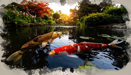 Koi fish in a serene garden pond at sunset