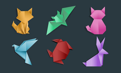 Origami Animal Icons Set Fox, Bat, Cat, Bird, Crab, Rabbit ,Geometric Paper Art