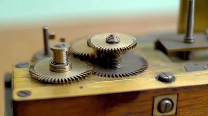 Intricate Brass Gears: Close-up of Antique Clock Mechanism, Detailed Texture.