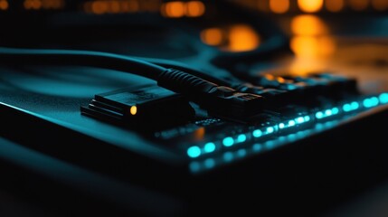 Illuminated Network Cable and Circuit Board with Teal and Orange Lights