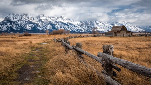 Snowy mountain range, weathered barn, and a path through golden field