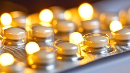 Illuminated Pills: Macro View of Blister Pack with Warm, Golden Light